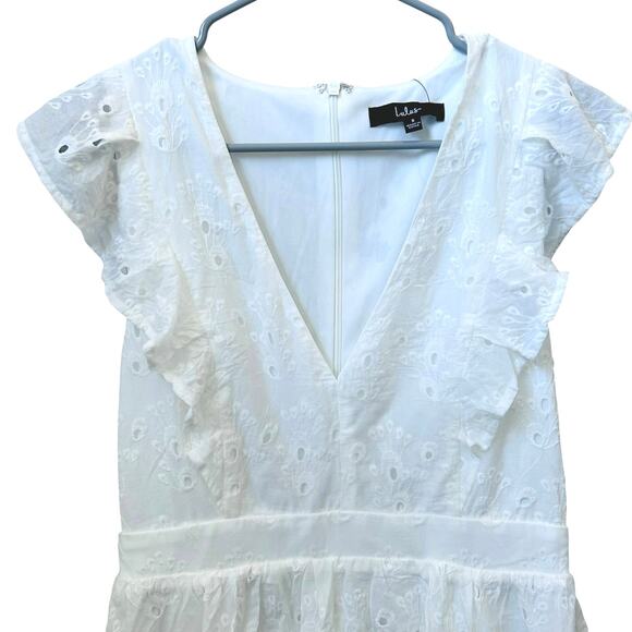 LULUS Flirtatious in Florence White Ruffled Eyelet Cotton V-neck Mini Dress-Sz S - Picture 3 of 7